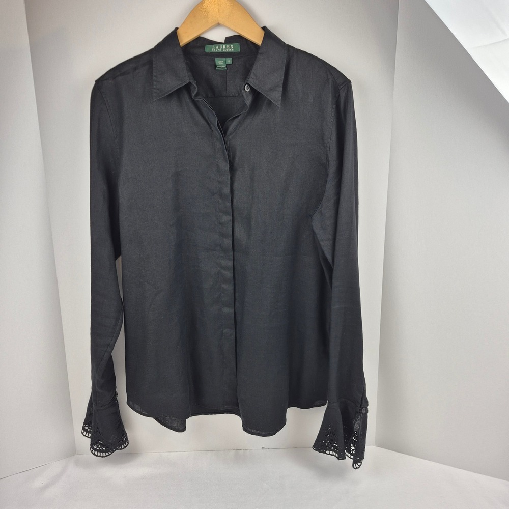 Vtg 90s Lauren Ralph Lauren Black Linen Eyelet Lace Cuff Button Down Women's 10